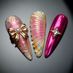 Macro close-up aurora holographic shell 3D gold bow pearl diamond star custom press-on nails — LuxepressCo