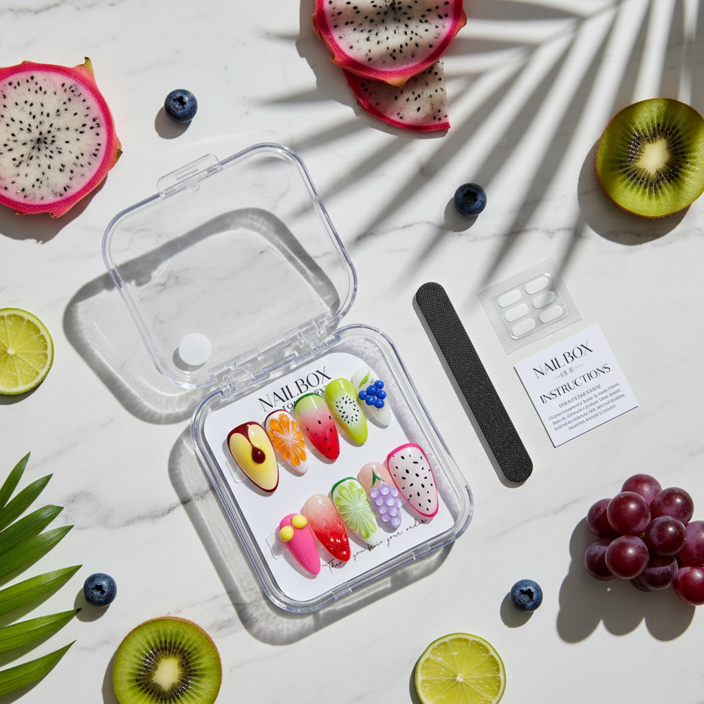 Luxury unboxing acrylic nail box exotic fruit paradise 3D press-on nails with dragon fruit purple grapes kiwi lime blueberry props — LuxepressCo