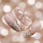 Macro close-up 3D pearl flower gold chrome swirl crystal rhinestone marquise salon-quality press-on nails champagne nude — LuxepressCo