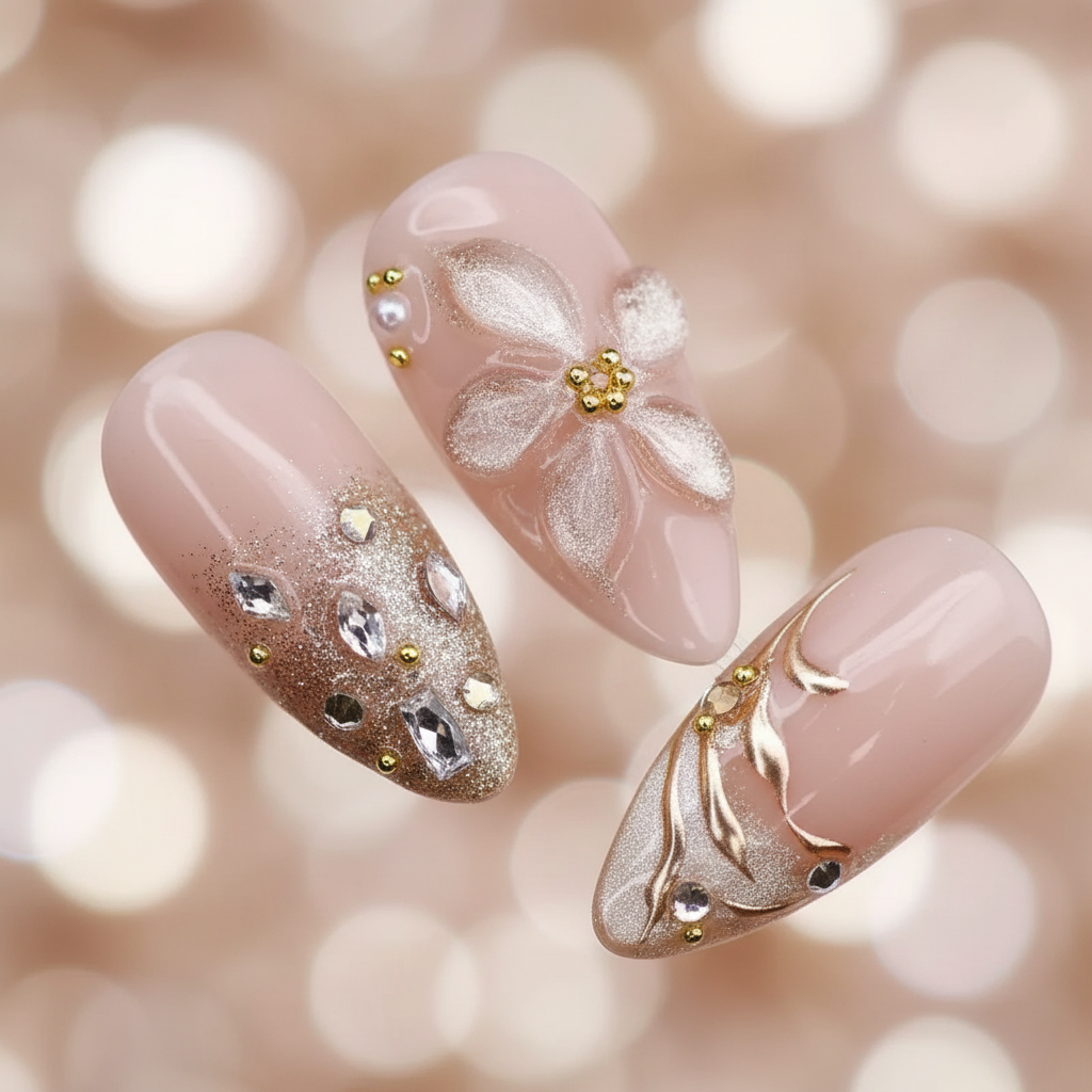 Macro close-up 3D pearl flower gold chrome swirl crystal rhinestone marquise salon-quality press-on nails champagne nude — LuxepressCo