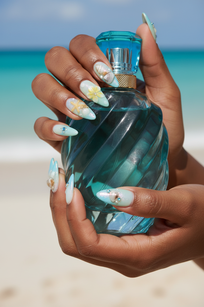 Dark-skin hands holding aqua perfume wearing mint blue aurora pearl chrome plumeria reusable press-on nails — LuxepressCo