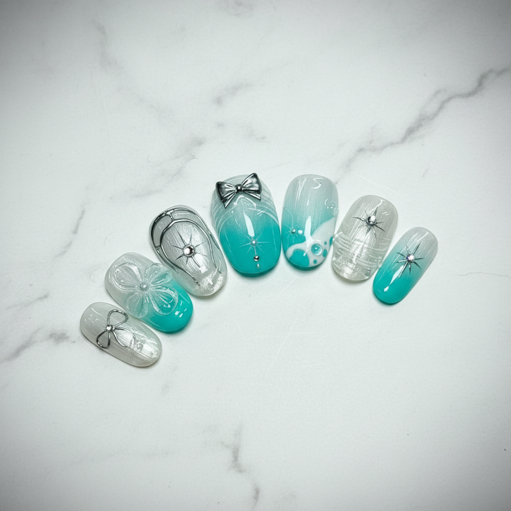 Full set teal floral bow press-on nails on white marble studio light custom press-on nails — LuxepressCo