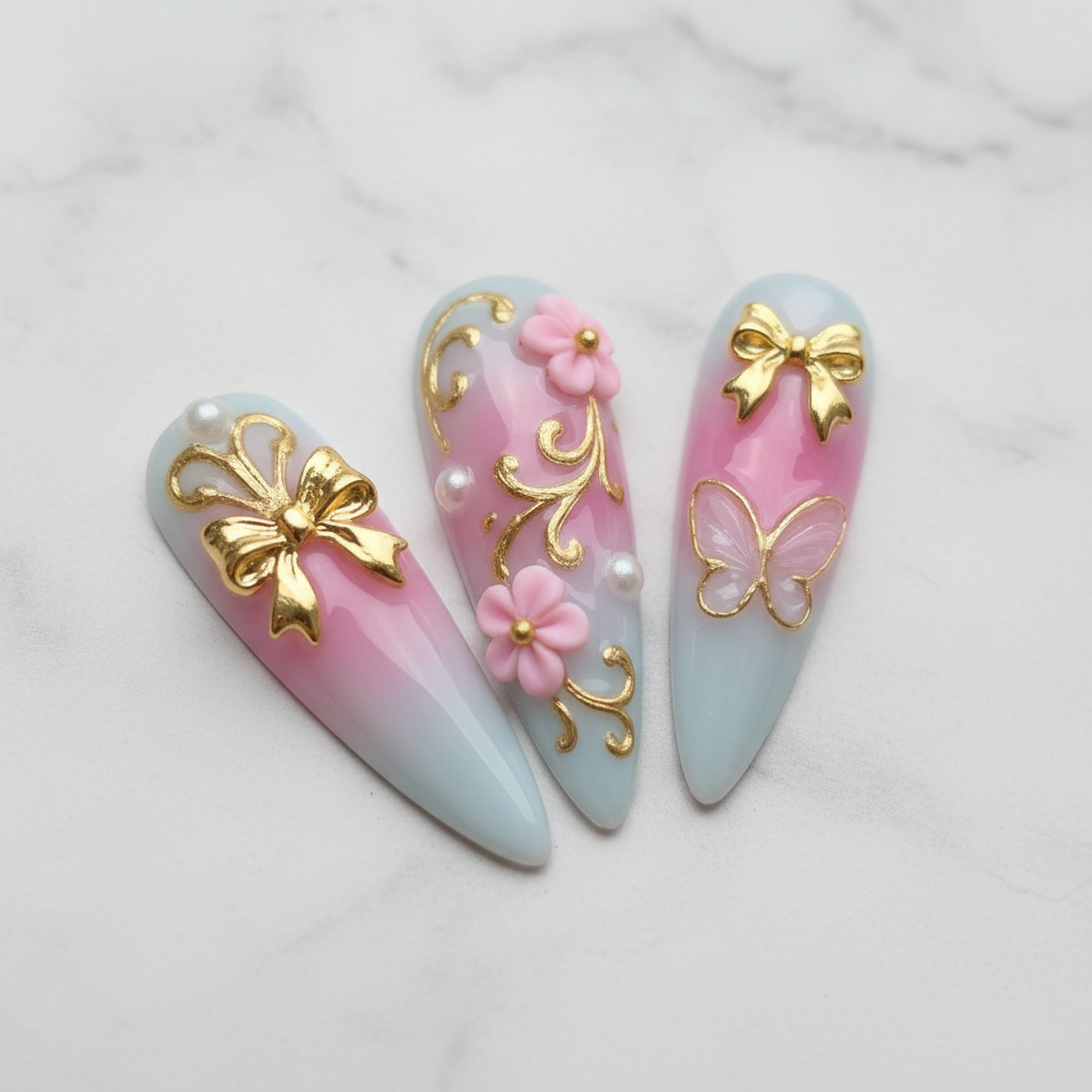 Close-up gold butterfly bow charm pink ombre stiletto salon-quality nails marble background — LuxepressCo