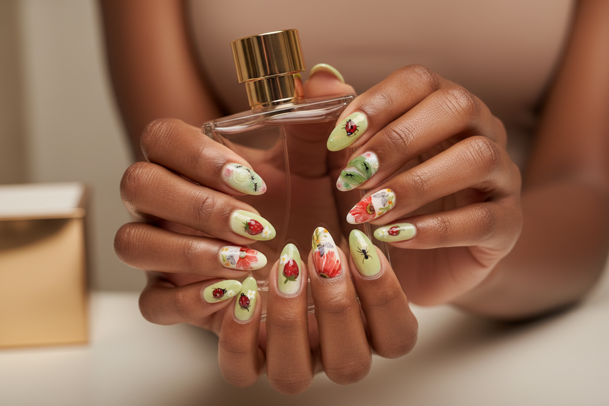 Dark-skin hands wearing strawberry ladybug garden cottagecore custom press-on nails holding perfume — LuxepressCo