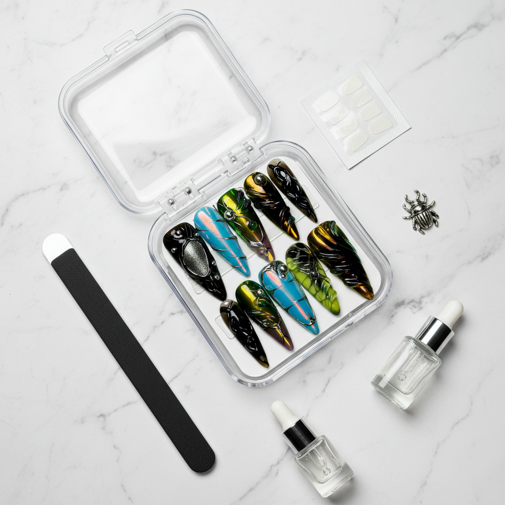 Luxury unboxing acrylic box beetle wing custom press-on nails with accessories — LuxepressCo