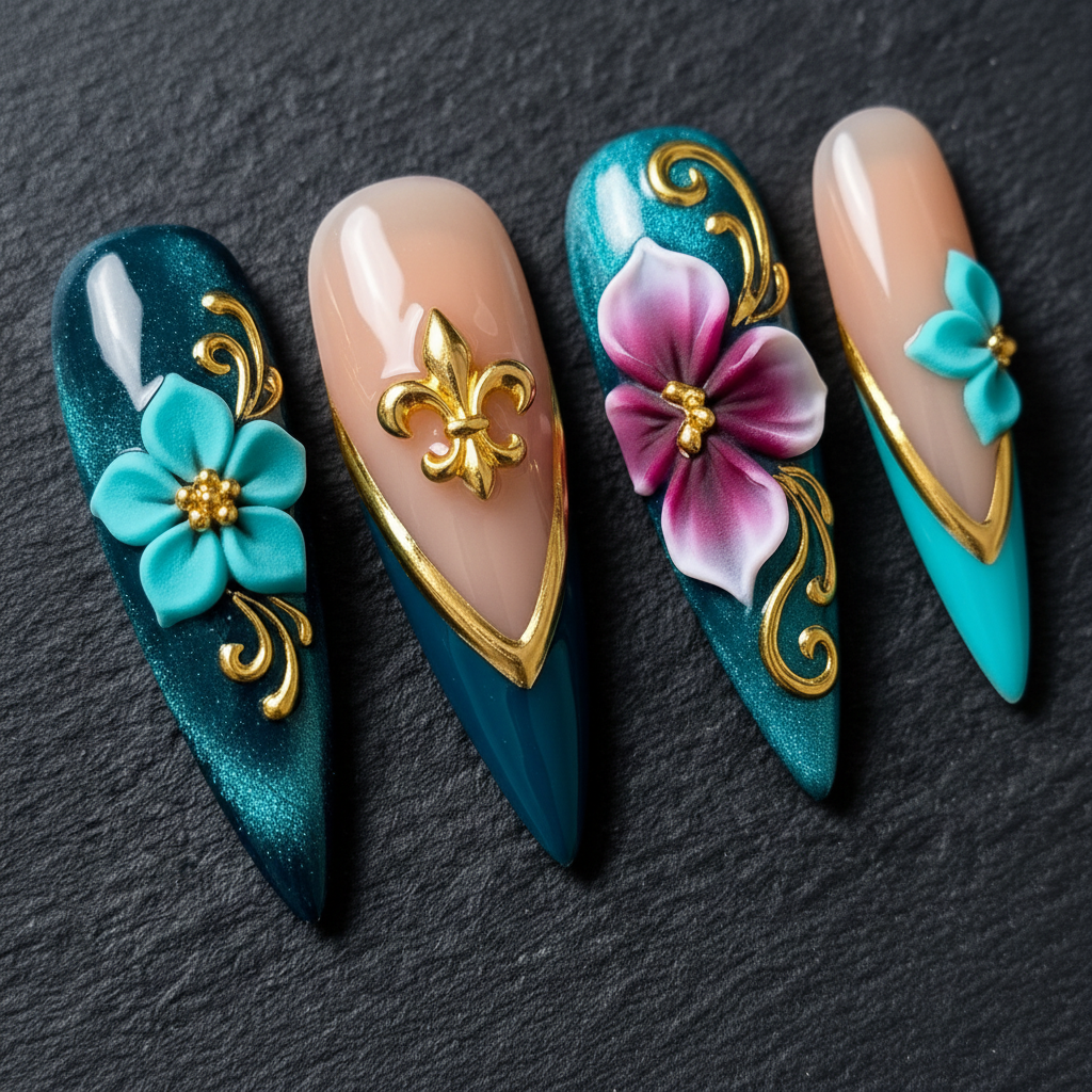 Macro close-up 3D cyan floral gold baroque custom press-on nails dark background — LuxepressCo