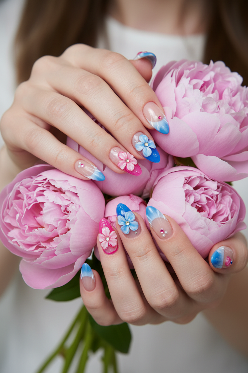 Fair skin hands wearing pink blue floral custom press-on nails holding pink peonies — LuxepressCo