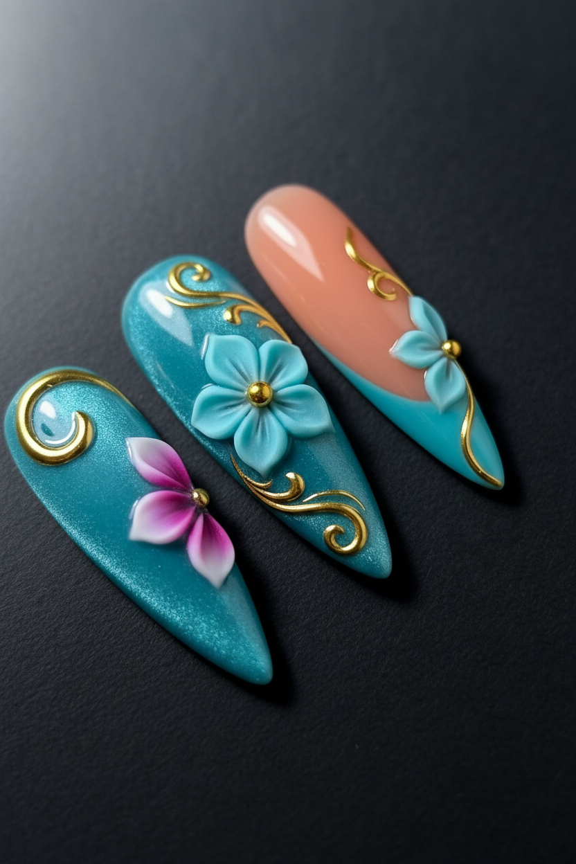 Macro close-up 3D teal floral gold fleur-de-lis stiletto custom press-on nails dramatic lighting — LuxepressCo