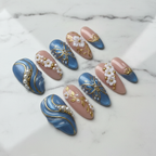 Full set 10 blue marble gold butterfly 3D floral custom press-on nails on marble background — LuxepressCo