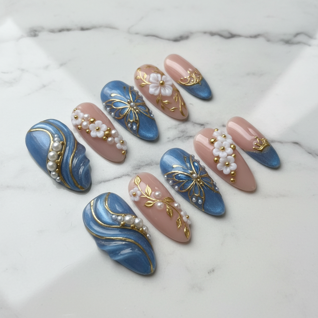 Full set 10 blue marble gold butterfly 3D floral custom press-on nails on marble background — LuxepressCo
