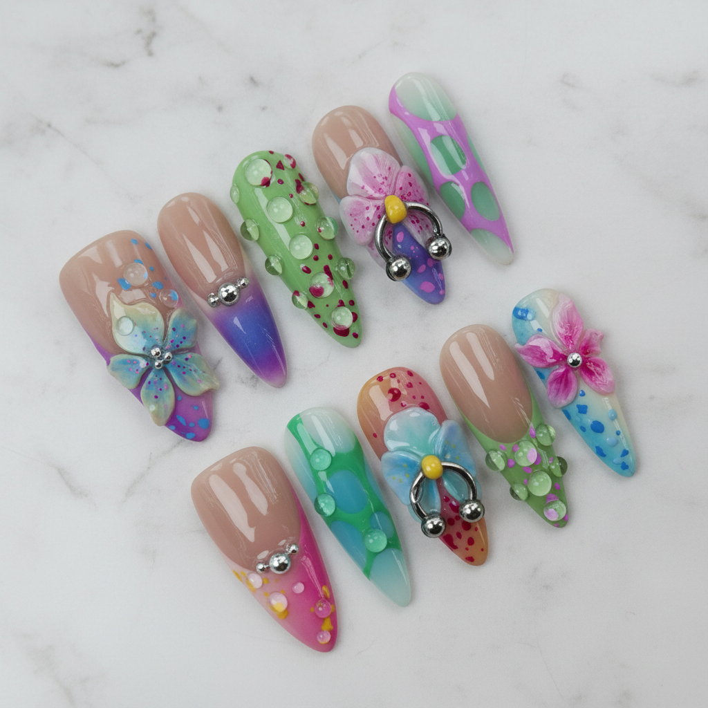 Full set 10 nude watercolor bubble dot 3D floral silver bell piercing charm almond custom press-on nails on marble — LuxepressCo
