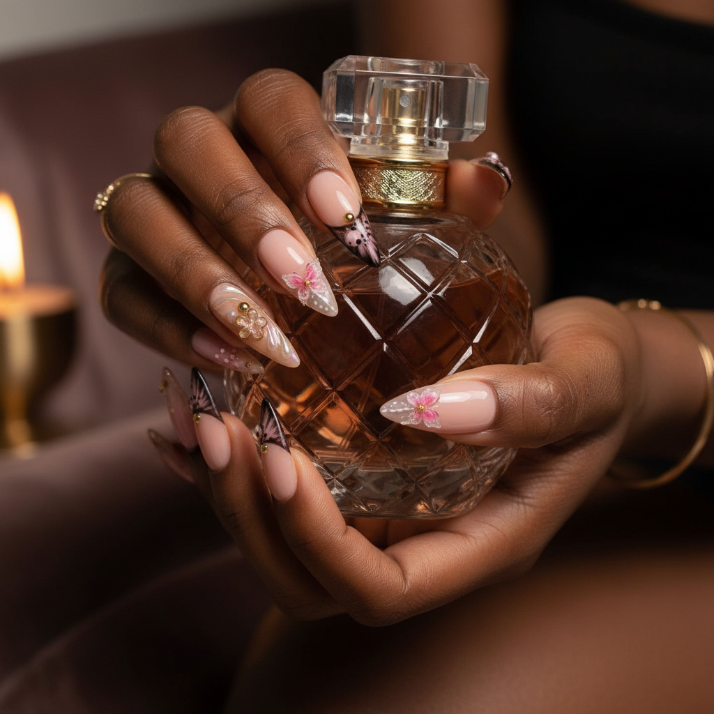 Dark skin hands holding perfume wearing pink polka dot 3D butterfly custom press-on nails — LuxepressCo
