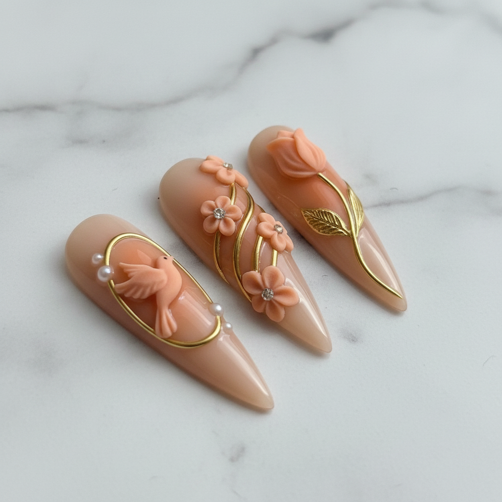 Macro close-up 3D butterfly tulip dove pearl gold frame reusable salon-quality nails marble background — LuxepressCo