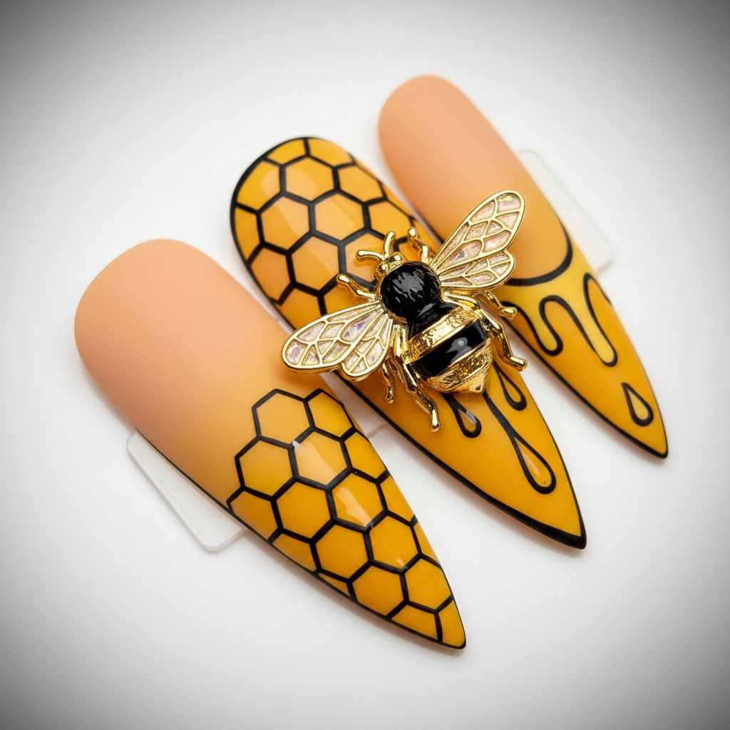 Macro close-up honeycomb pattern honey drip 3D gold chrome bumblebee charm black comic outline custom press-on nails stiletto — LuxepressCo