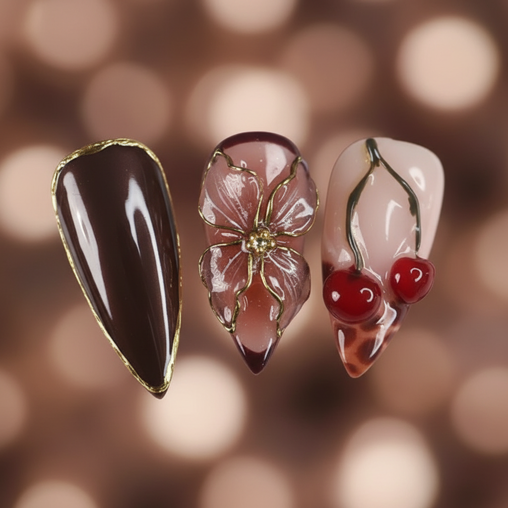 Macro close-up 3D gold flower charm cherry motif leopard print stiletto salon-quality press-on nails — LuxepressCo
