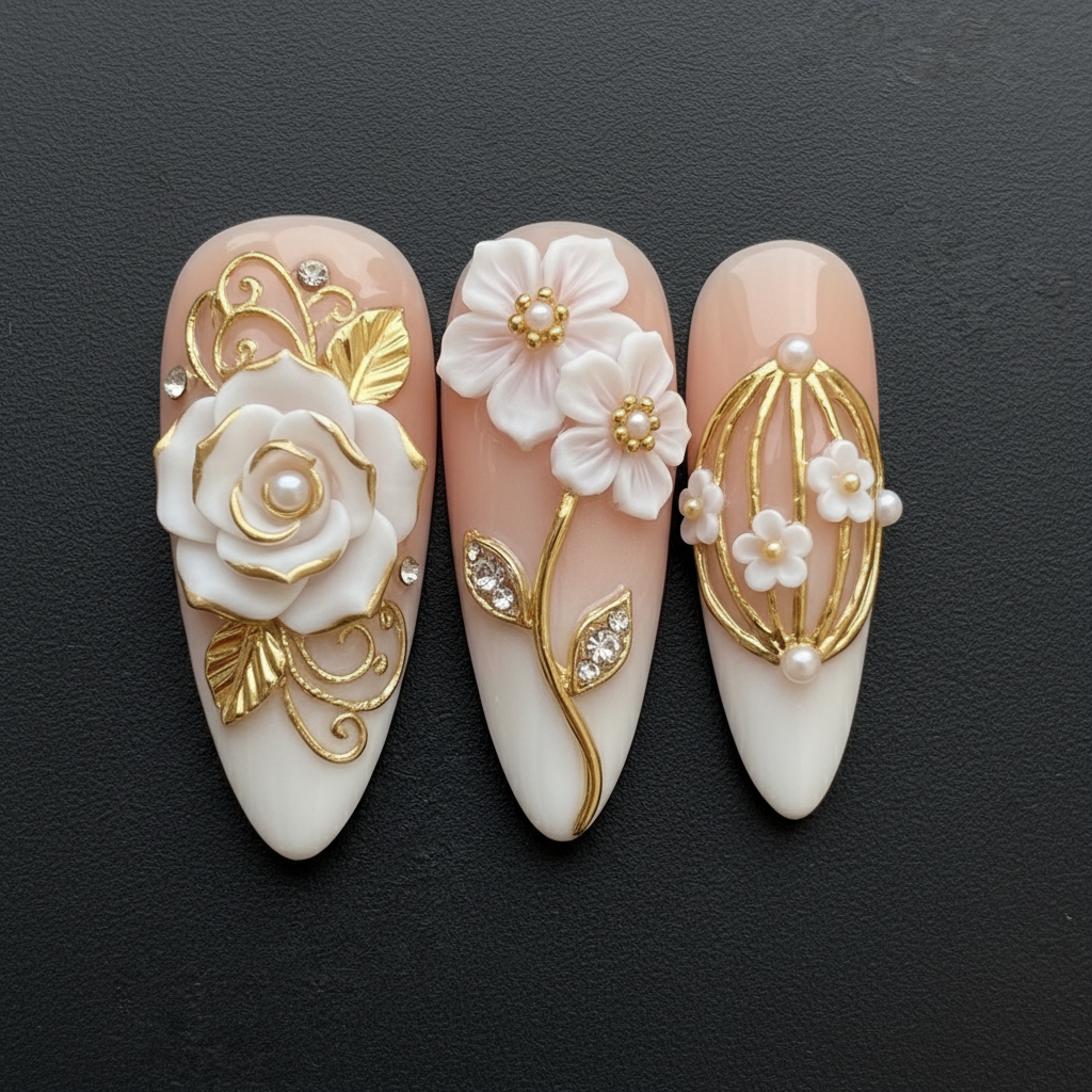 Close-up macro 3D white rose pearl rhinestone custom press-on nails dramatic lighting — LuxepressCo