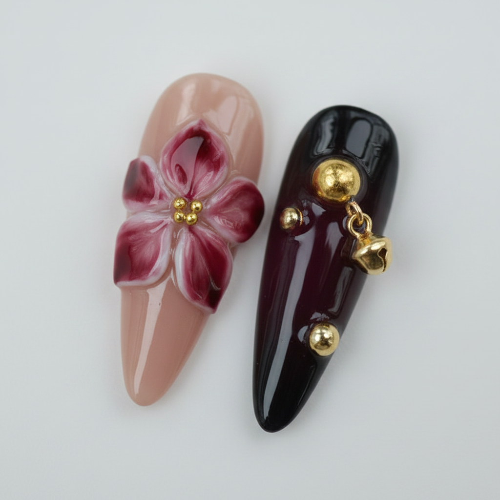 Macro close-up nude blush hand-painted dark magenta flower gold stamen black gold bell salon-quality press-on nails — LuxepressCo