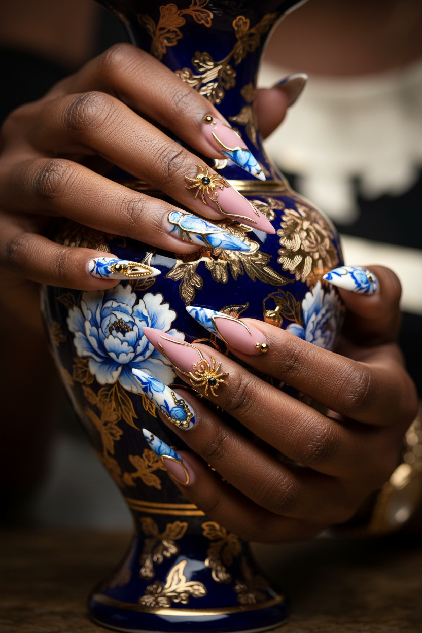 Dark-skin lifestyle mauve kintsugi blue porcelain floral spider custom press-on nails holding gold vase — LuxepressCo