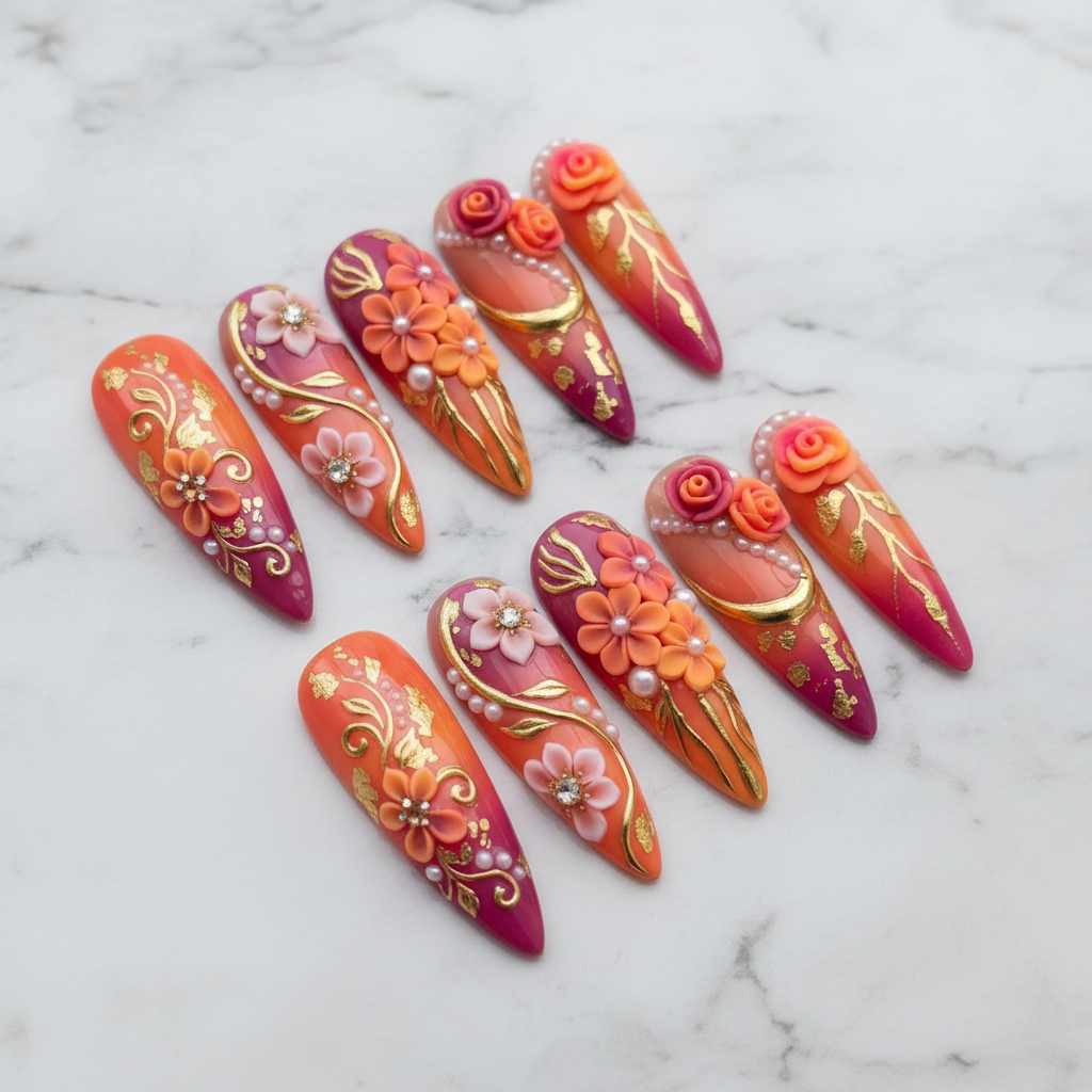 3D floral stiletto press-on nails full set white marble background custom press-on nails orange magenta ombre — LuxepressCo