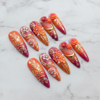 3D floral stiletto press-on nails full set white marble background custom press-on nails orange magenta ombre — LuxepressCo