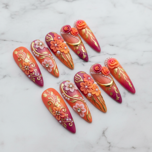3D floral stiletto press-on nails full set white marble background custom press-on nails orange magenta ombre — LuxepressCo