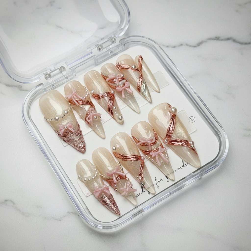 Rose gold ribbon pearl coquette bridal custom press-on nails nude champagne shimmer full set — LuxepressCo