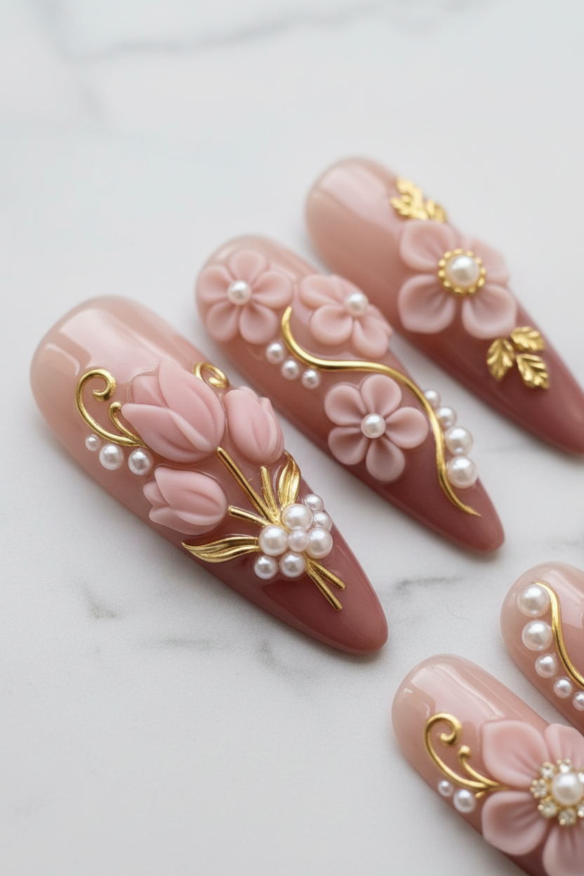 Macro close-up 3D pink tulip gold leaf pearl cluster almond press-on nails glossy finish salon-quality nails — LuxepressCo