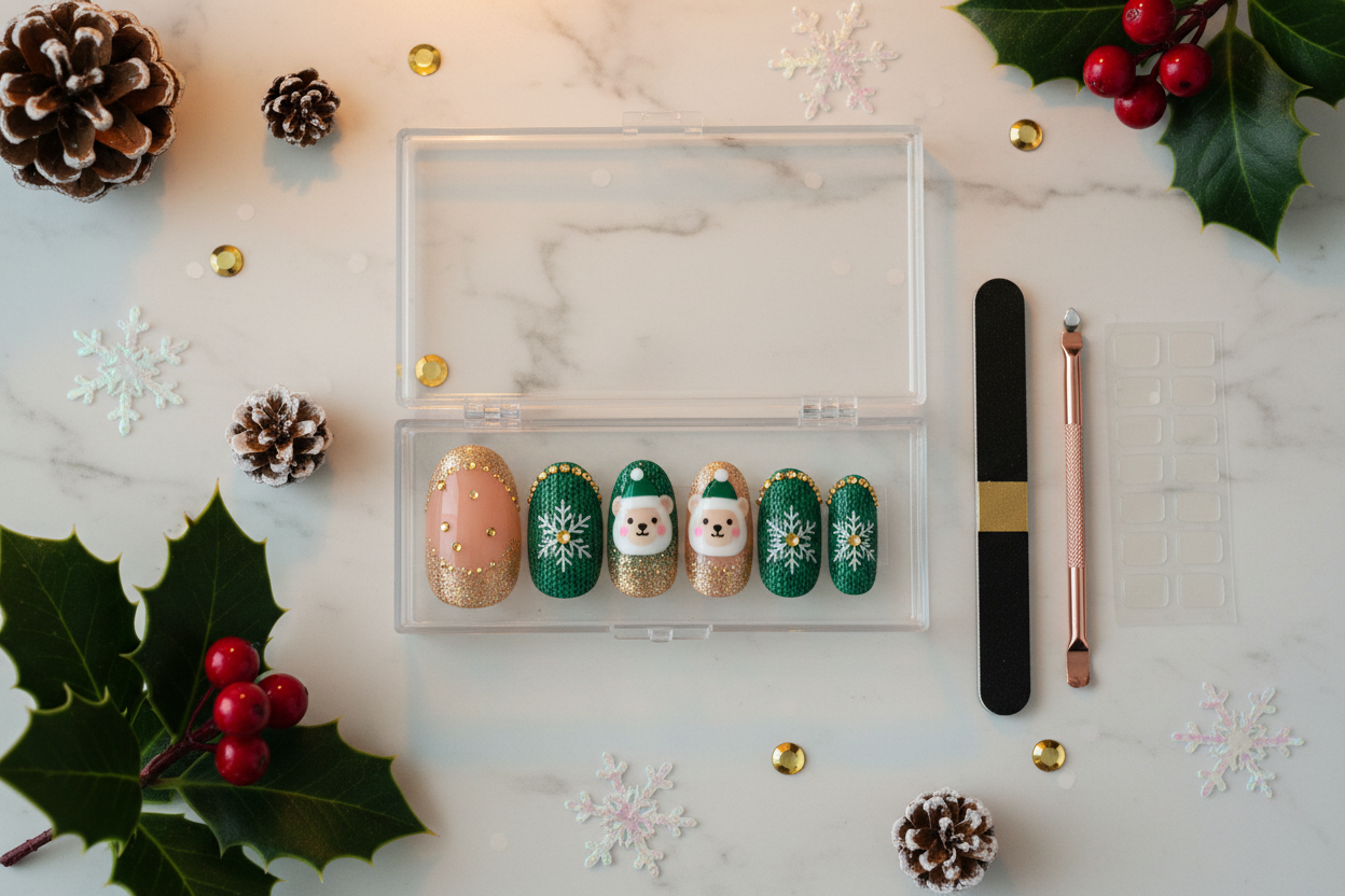 Luxury unboxing acrylic box Christmas bear green knit snowflake gold glitter press-on nails with accessories — LuxepressCo