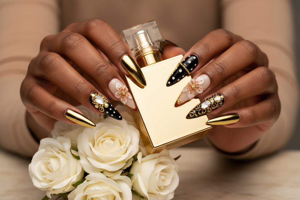 Lifestyle dark skin hands wearing gold noir custom press-on nails holding white roses — LuxepressCo