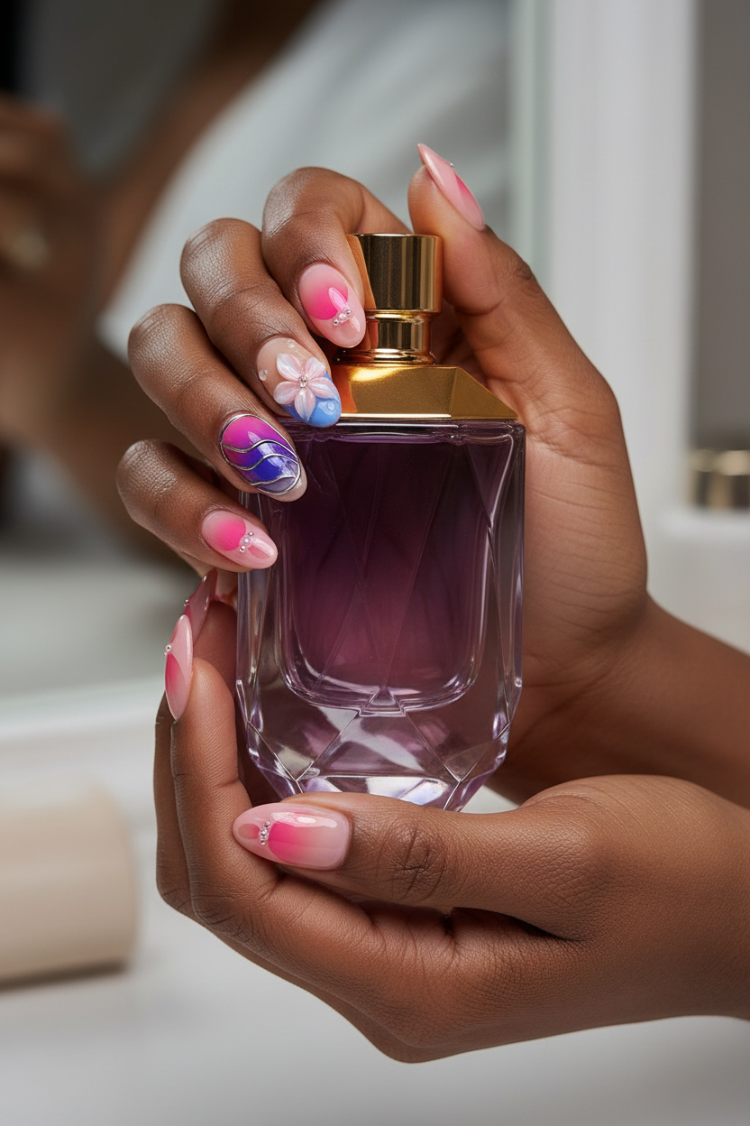 Galaxy aurora custom press-on nails lifestyle dark skin 10 fingers holding purple perfume — LuxepressCo
