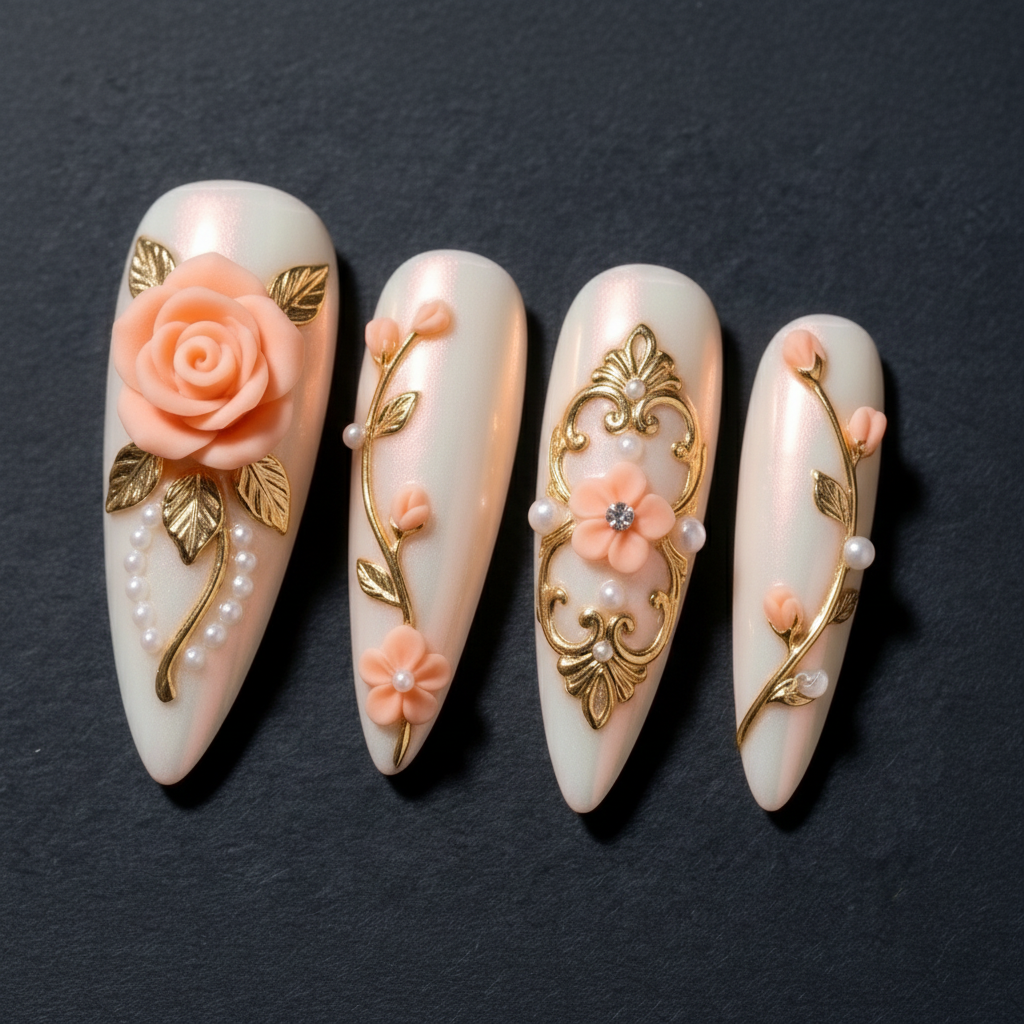 Macro close-up 3D peach coral rose sculptural nail art with gold leaf details and pearl beading custom press-on nails cream ivory — LuxepressCo