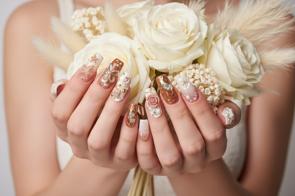 Light skin hands holding white roses pampas grass wearing ocean pearl custom press-on nails terracotta blush — LuxepressCo
