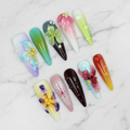 Full set 10 vivid multicolor ombre 3D botanical flower stiletto custom press-on nails on marble — LuxepressCo