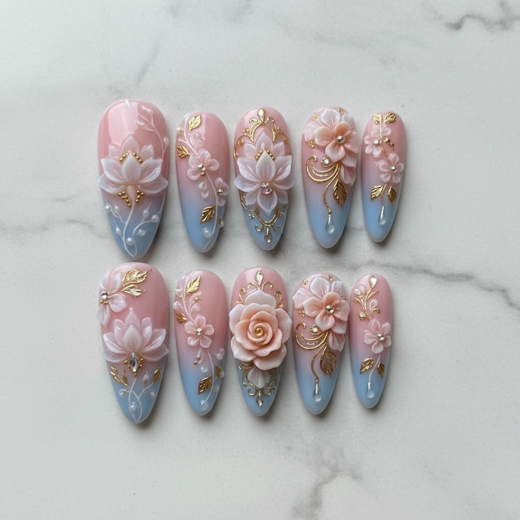 Flat lay top-down full set 10 3D floral custom press-on nails blush pink blue ombre — LuxepressCo