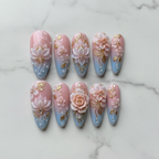 Flat lay top-down full set 10 3D floral custom press-on nails blush pink blue ombre — LuxepressCo