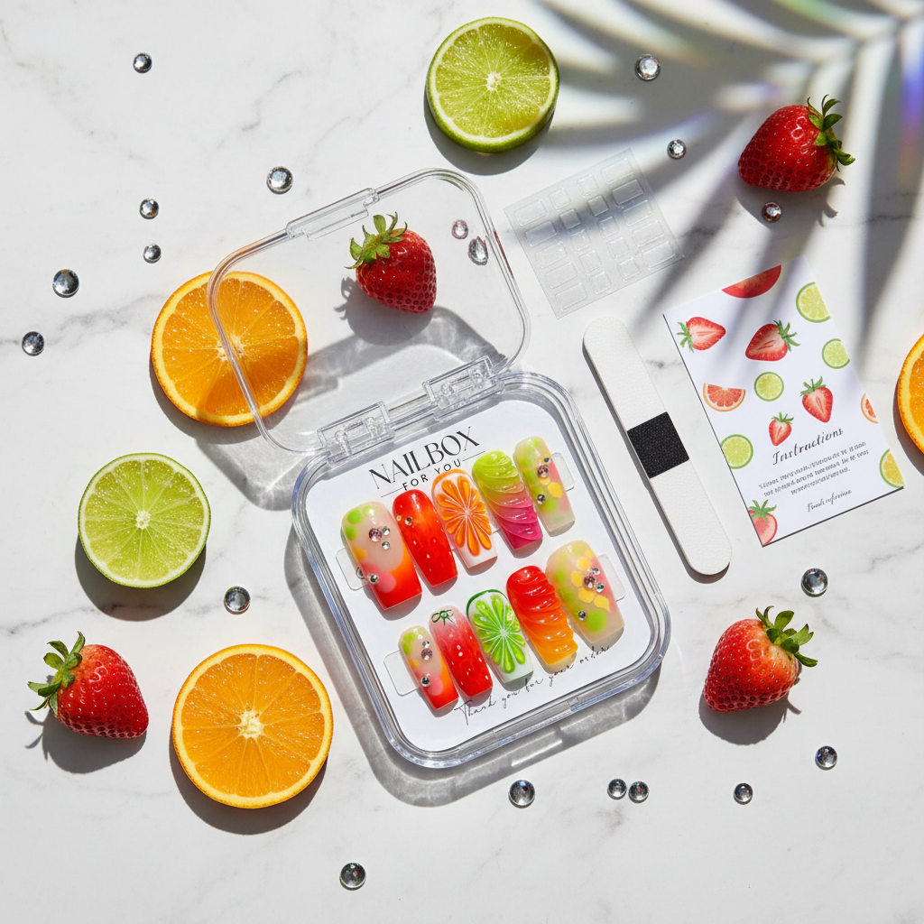 Luxury unboxing acrylic nail box citrus carnival square press-on nails with lime orange strawberry crystal props — LuxepressCo