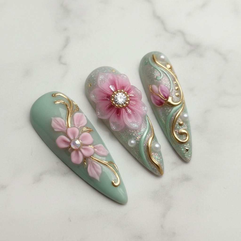 Close-up mint green pearl accent 3D cherry blossom press-on nails glossy texture — LuxepressCo