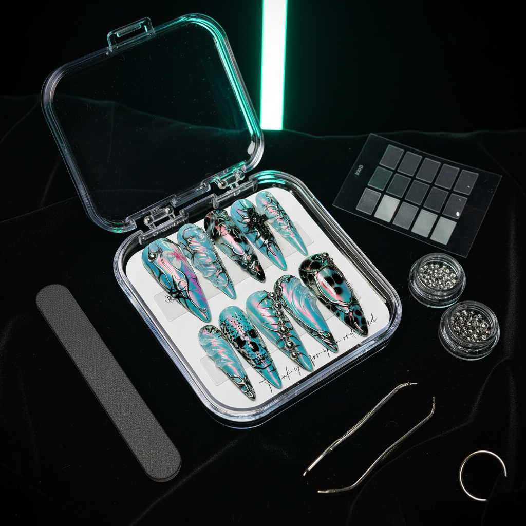 Luxury unboxing acrylic box teal chrome gothic spider skull reusable press-on nails with accessories — LuxepressCo