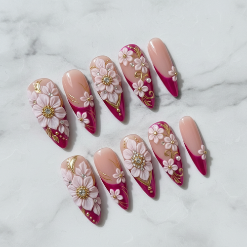 3D white floral rhinestone custom press-on nails hot pink gold stiletto full set hero — LuxepressCo