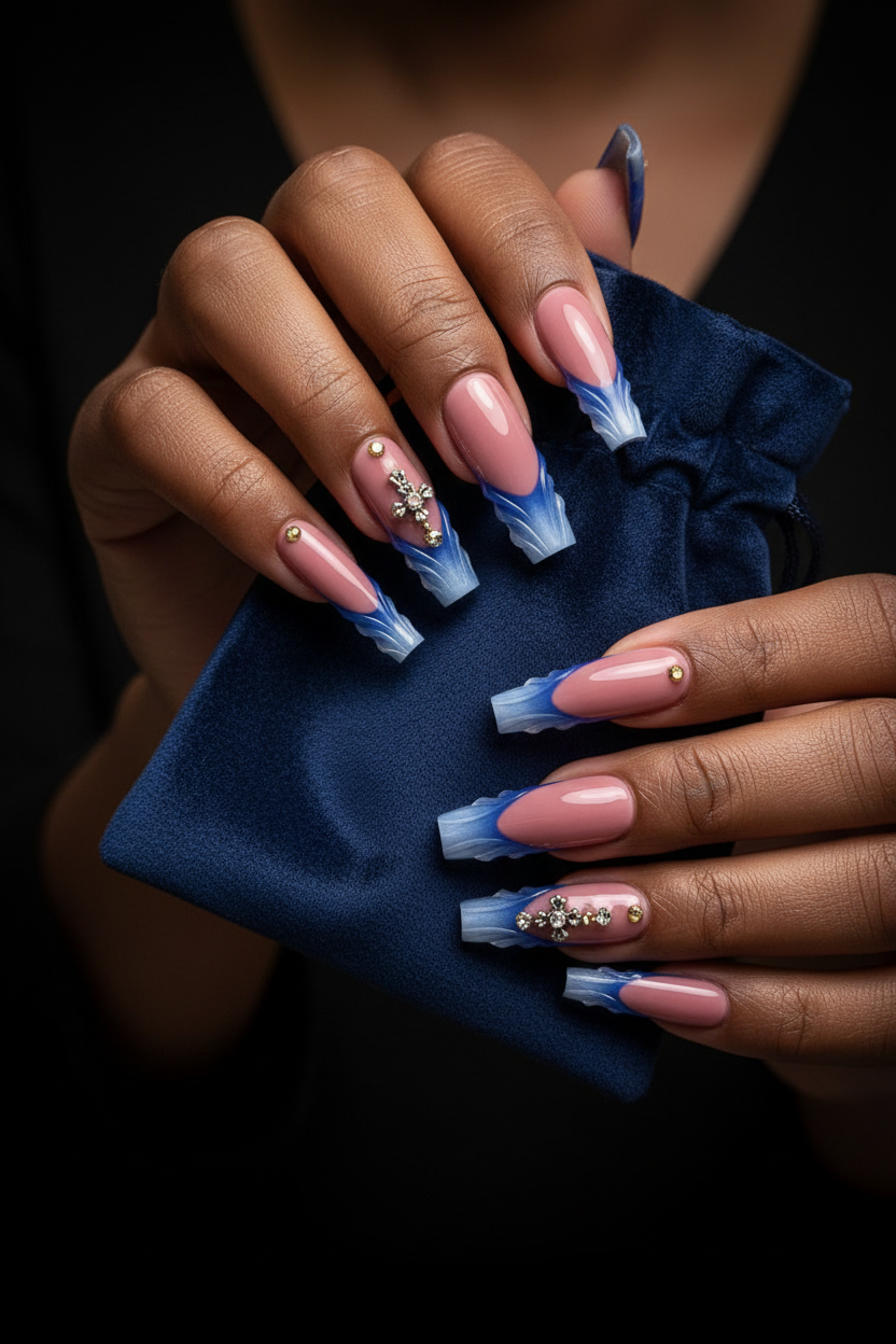 Dark-skin lifestyle dusty rose blue flame tip gold skull custom press-on nails holding blue velvet pouch — LuxepressCo