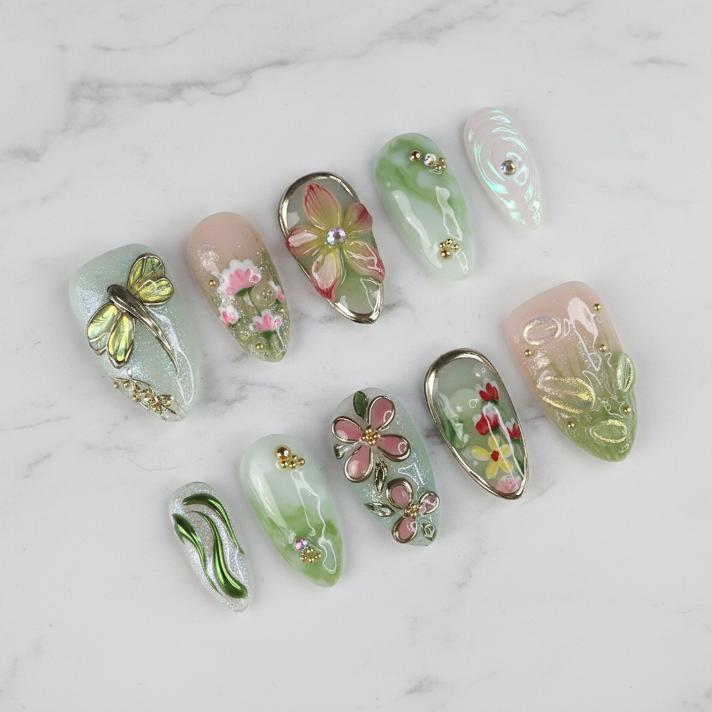 Sage green dragonfly floral 3D gold botanical cottagecore custom press-on nails full set on white marble — LuxepressCo