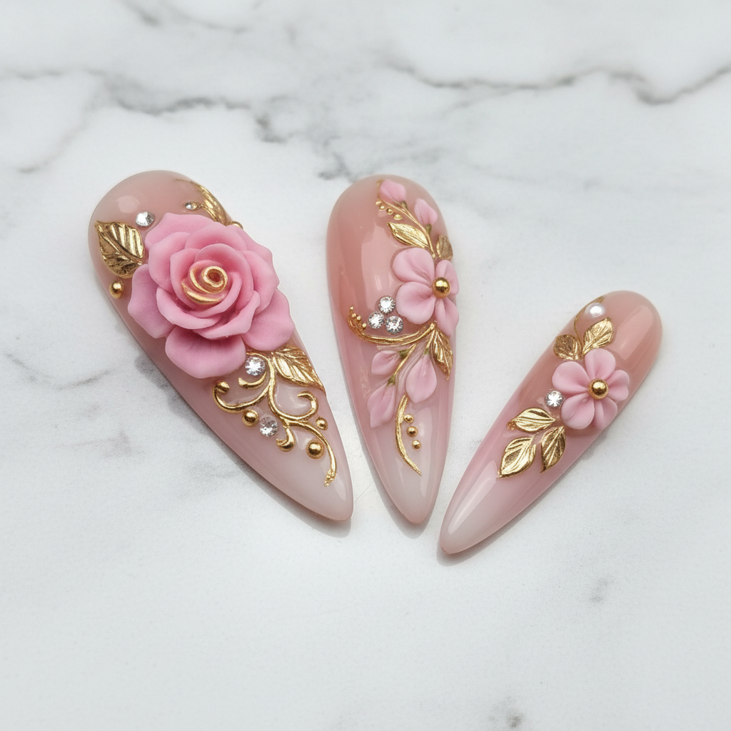 Macro close-up glossy pink floral gold vine stiletto press-on nails texture shine — LuxepressCo