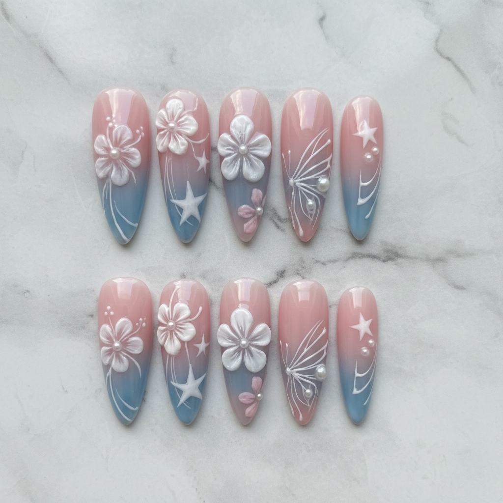 Flat lay top-down full set 10 custom press-on nails pink blue ombre 3D floral pearl butterfly studio — LuxepressCo