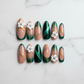 Flat lay top-down full set 10 salon-quality green floral press-on nails white marble — LuxepressCo
