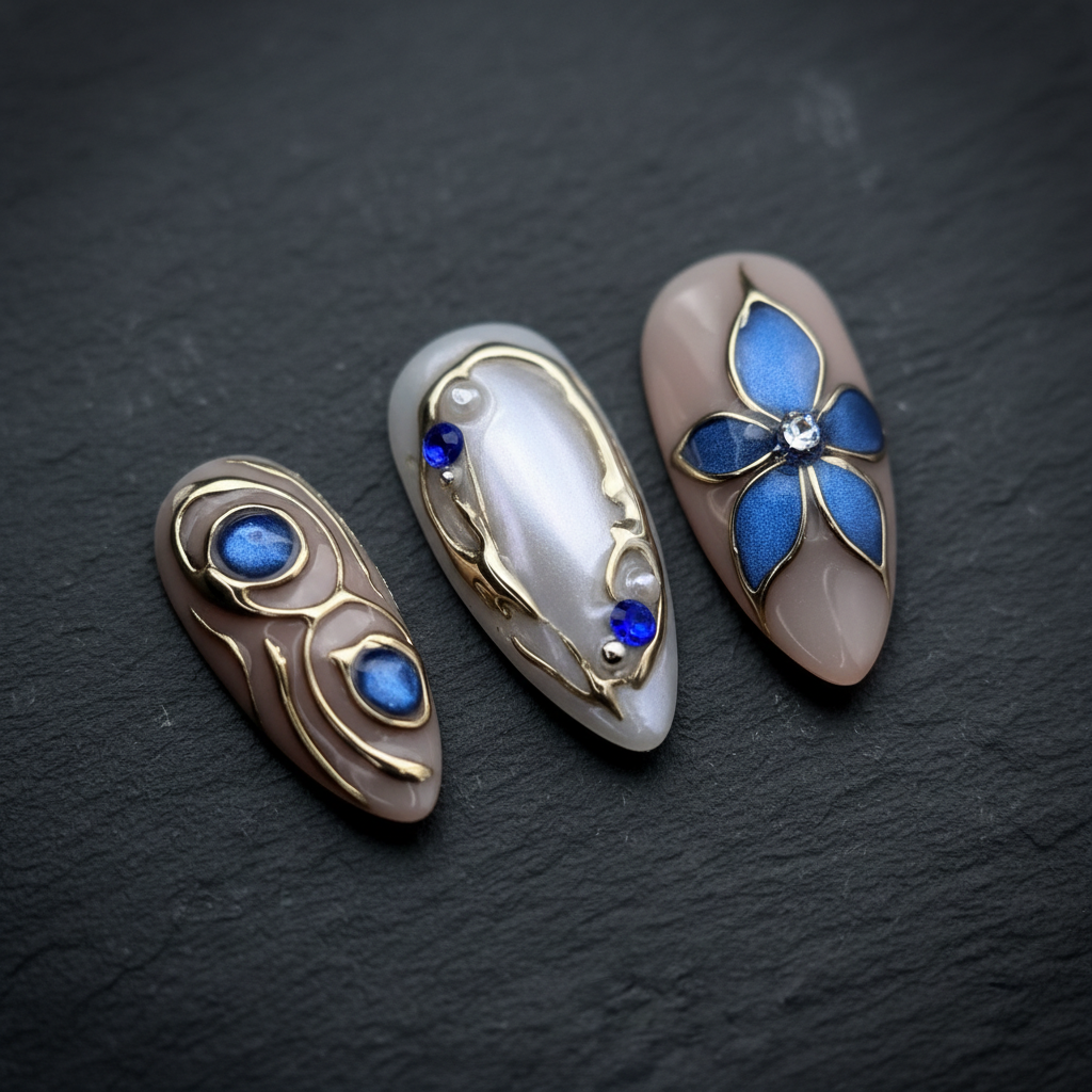 Macro close-up 3D blue flower and pearl cat-eye custom press-on nails with rhinestone embellishments — LuxepressCo