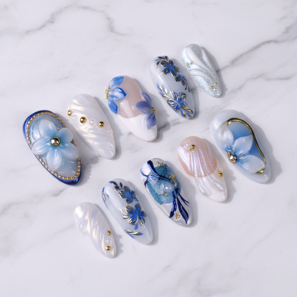 Blue aurora floral 3D almond press-on nails full set on marble studio light custom press-on nails — LuxepressCo