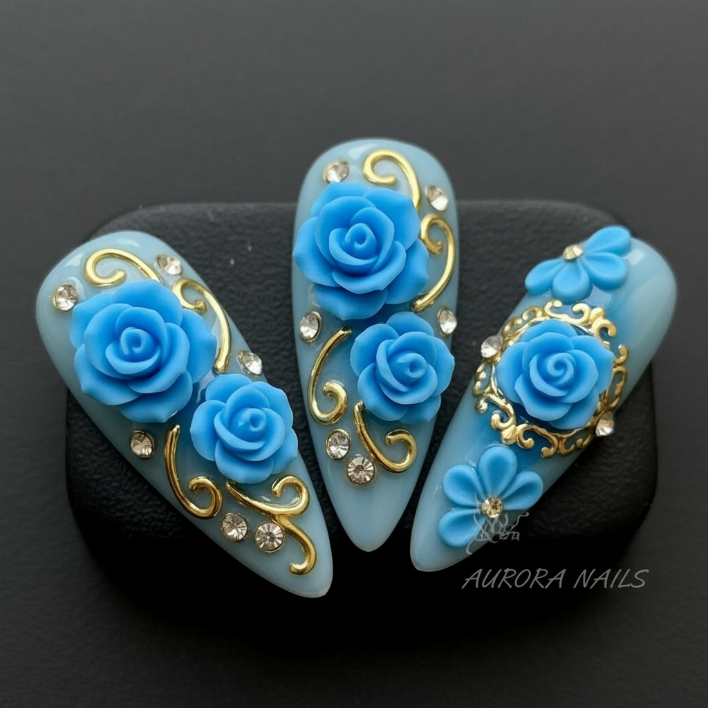 Close-up 3D blue rose pearl rhinestone custom press-on nails dramatic lighting — LuxepressCo