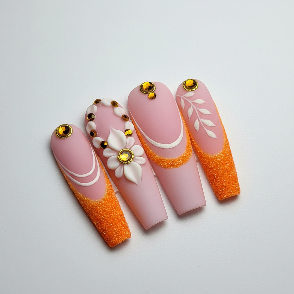 Macro close-up 3D white flower charm orange glitter tip gold rhinestone matte pink custom press-on nails — LuxepressCo