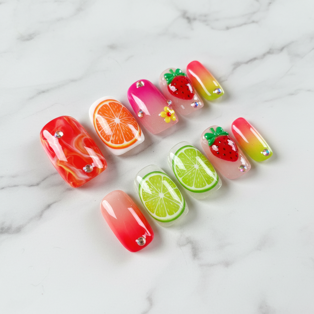 Full set 10 citrus carnival square orange lime strawberry crystal custom press-on nails on marble — LuxepressCo