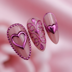 Macro close-up pink chrome 3D heart ornamental vine pearl dot coquette press-on nails — custom press-on nails pink fuchsia — LuxepressCo